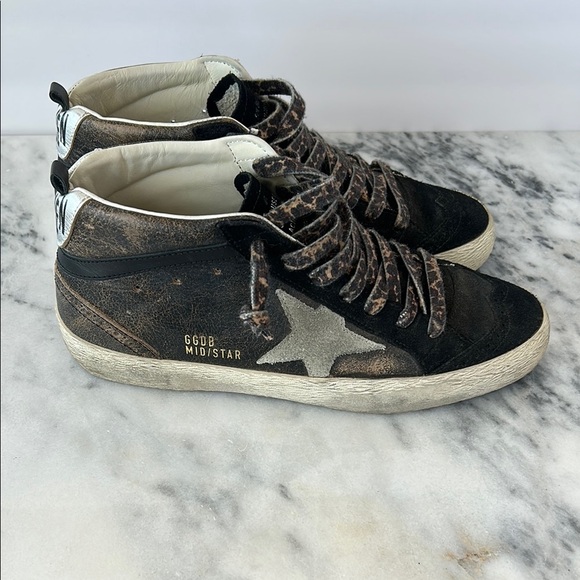 Golden Goose Shoes - Golden Goose Mid Star Black and Tan Sneakers with Leopard laces |39/8